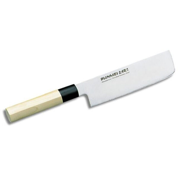 I coltelli Bunmei sono autentici coltelli da cucina giapponesi e utilizzano acciaio inossidabile ad alto tenore di carbonio, molibdeno e vanadio che garantiscono un'eccellente tenuta del taglio. Il calore del legno "HONKI" e il tradizionale manico a forma di castagna giapponese si adatta alla mano molto bene. Il coltello Usuba è perfetto per il taglio delle verdure ed è affilato su entrambi i lati. Realizzato da YOSHIKIN in Giappone - la stessa società che produce i coltelli GLOBAL. Durezza in Rockwell – HRC 56-57 Lunghezza della lama: cm. 18
